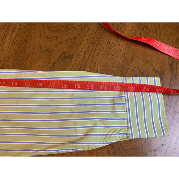 BLACK BROWN 1826 FLIP CUFF COTTON SHIRT AVOCADO GREEN BLUE STRIPE SIZE L - Picture 7 of 10